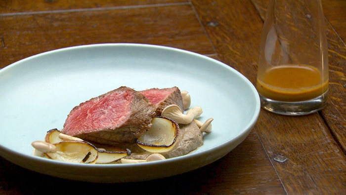 Seared Beef with Mushroom Puree and Charred Onions