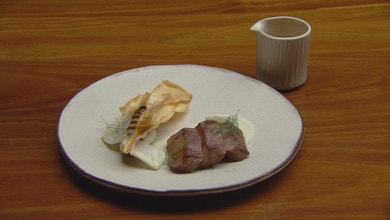 Lamb with Fennel Puree, Parsnip Chips and Jus