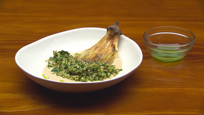 Whole Roast Smoky Eggplant with Tahini Dressing and Freekeh Salad