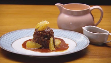 Sticky Date and Ginger Pudding with Ginger, Salty Caramel Sauce and Orange Creme Anglaise