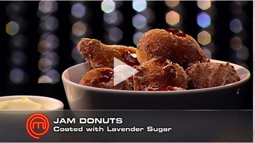 Jam Donuts with Lavender Sugar and Clotted Cream Custard