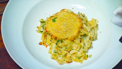 Fresh Fettucine with Garlic Chilli Anchovy Sauce Pangrattato and Parmesan Crisp