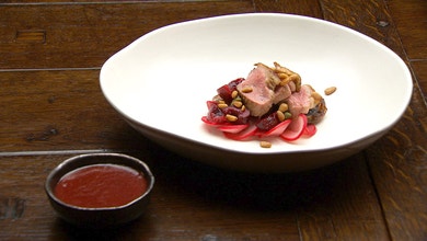 Duck Breast with Pine Nuts and Cherry and Onion Sauce