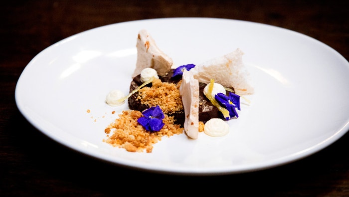 Ginger Chocolate Cremeux with Orange Meringue, Candied Ginger and Mango Cream