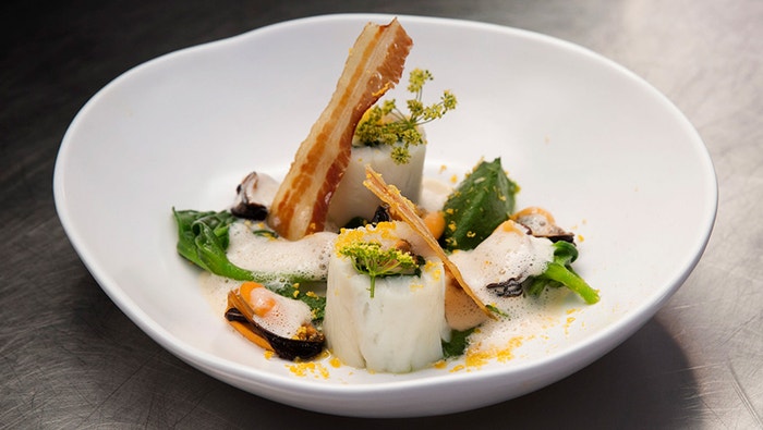 Blue Eye Cod, Parsley, Bacon and Mussels