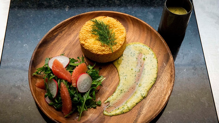 Salmon Pie, Mustard Dill Sauce with Grapefruit, Rocket and Radish Salad