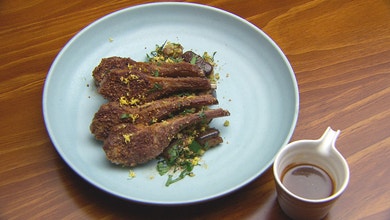 Freekeh Crusted Lamb with Eggplant and Sweet and Sour Sauce