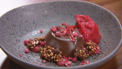 Chilli Cocoa Pannacotta with raspberry curd, raspberry sorbet and chocolate puffed millet