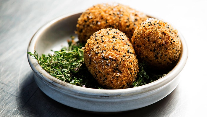 Scotch Eggs with Aubergine and Manchego