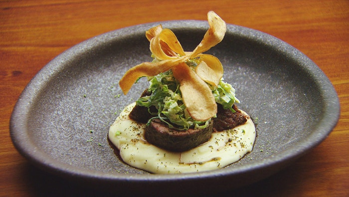 Lamb Loin, Parsnip and Leek Puree, Brussels Sprouts Slaw