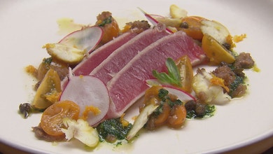 Seared Tuna with Anchovy and Tomato Reduction, Salsa Verde toasted chestnut
