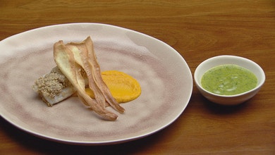 Seared Coral Trout with Carrot and Ginger Puree with Parsley Vinaigrette