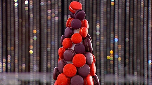 Macaron Tower with Kalamata Olive, and Beetroot and Raspberry Macarons