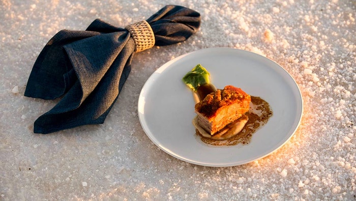 Crispy Crackling Pork Belly with Prune Jus and Cauliflower Puree