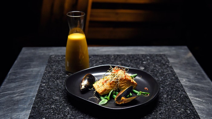 Crispy Skinned Hot Smoked Salmon with Red Coconut Broth and Mussels