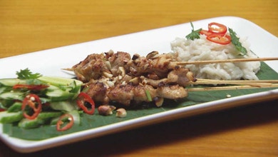 Marinated Chicken Skewers with Coconut Rice and Cucumber Salad