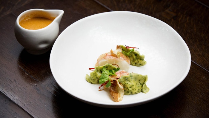 Butter Poached Lobster, Coriander and Chicken Dumpling and Lobster Bisque