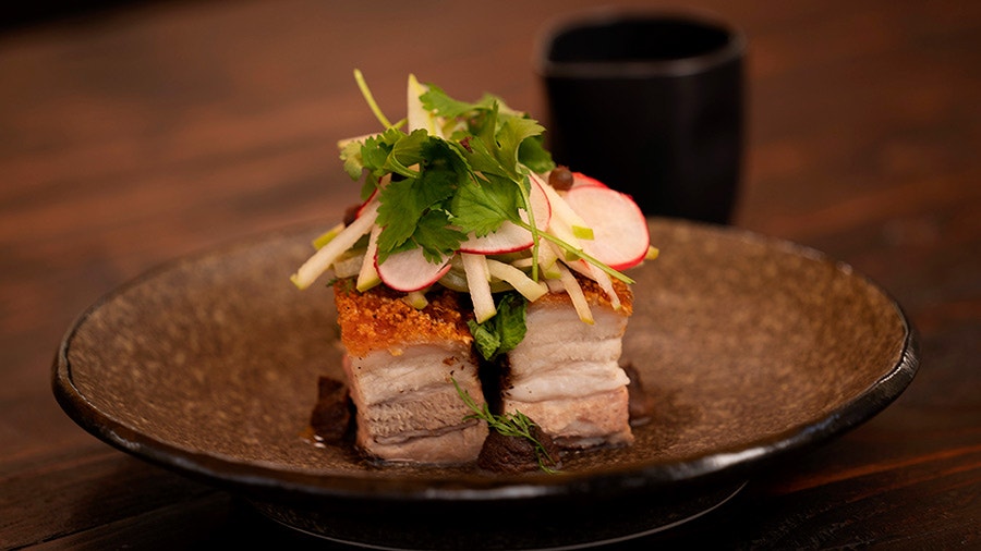 Crispy Pork Belly With Muntries And Apple Puree Network Ten