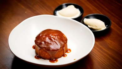 Sponge Cake with Miso Glaze and Smoked Vanilla Ice Cream