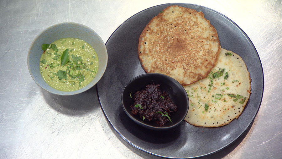 Dosa with Coconut Chutney and Prune Chutney