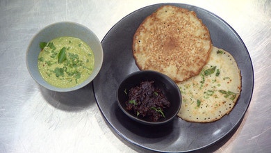 Dosa with Coconut Chutney and Prune Chutney