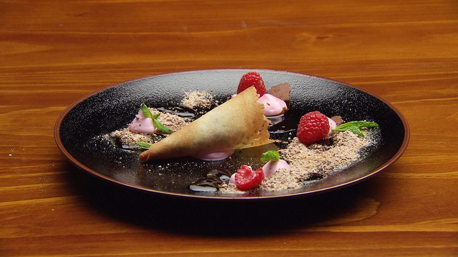 Fallen Ice Cream with Coffee Tuile and Raspberry Marshmallows