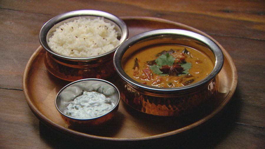 Prawn Curry with Cumin Rice and Raita