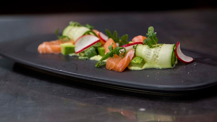 Sashimi Salmon, Cucumber and Radish Salad with Avocado Mousse