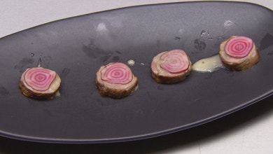 Quail Sausage with Quail Egg Crème and Candy Beetroot