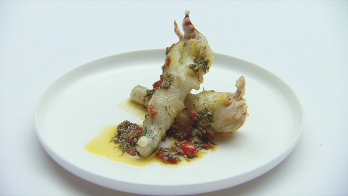 Ricotta Stuffed Zucchini Flowers with Stemperata Sauce