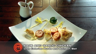 Sage and Garlic Chicken with Celeriac Puree and Spinach Ball