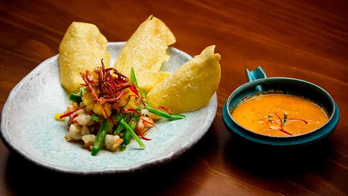 Grilled Prawns with Parmesan Tuile and Pineapple Salsa