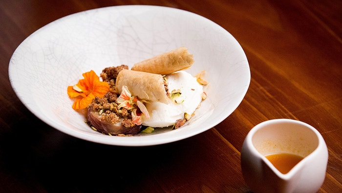 Stuffed Fruits with Crumble, Stuffed Filo and Greek Yoghurt Sorbet