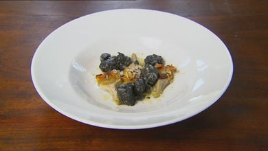 Squid Ink Gnocchi with Deep Fried Artichokes and Bitter Lemon Emulsion