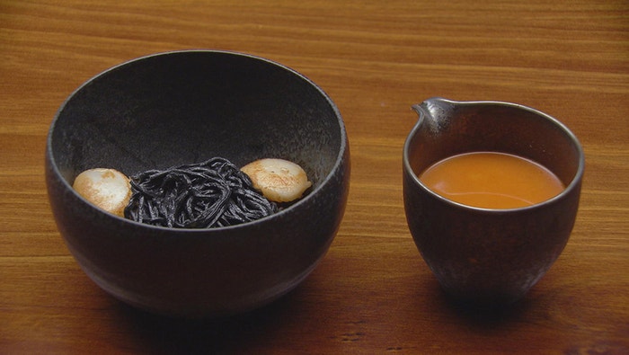 Crab Bisque with Squid Ink Spaghetti and Seared Scallops