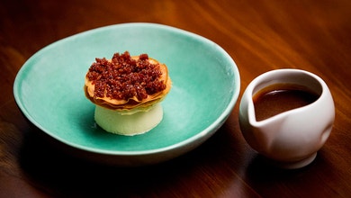 Pancetta Fat Parfait with Brik Pastry, Pancetta Praline Crumb and Caramel