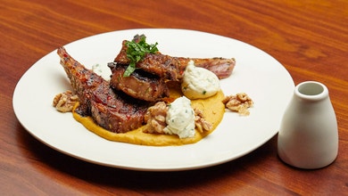 Lamb Cutlets with Roast Pumpkin Puree and Goat's Cheese Mousse