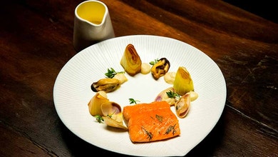 Sous Vide Trout with Confit Leeks, Fennel Purée, Mussels and Pipis with a Lemon Buerre Blanc