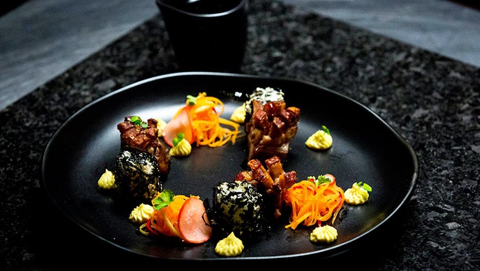Crispy Pork Belly, Sticky Caramel and Wasabi Mayo