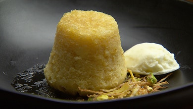Ginger Steamed Pudding with Yoghurt Sorbet and Pistachio Praline