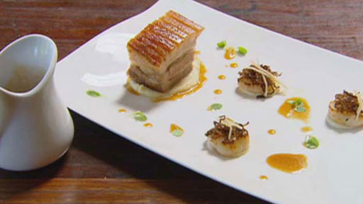Roast Belly of Pork with Seared Scallops and Apple Brandy Sauce