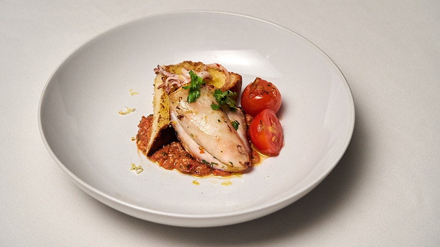 Chargrilled Squid, Roasted Capsicum Sauce and Woodfired Bread