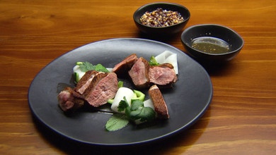 Pan Fried Duck with Compressed and Pickled Vegetables and Peanut Sambal