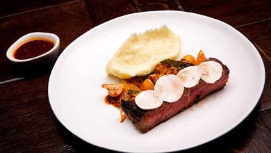 XO Marinated Steak with Pickled Mushrooms and Potato Mash