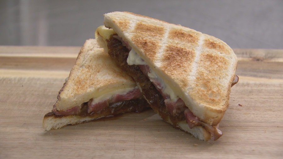 Steak Sandwich with Cheddar, Aioli and Toffee Onions