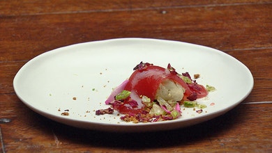 Pistachio Ice-Cream with Strawberry and Rosewater Jelly