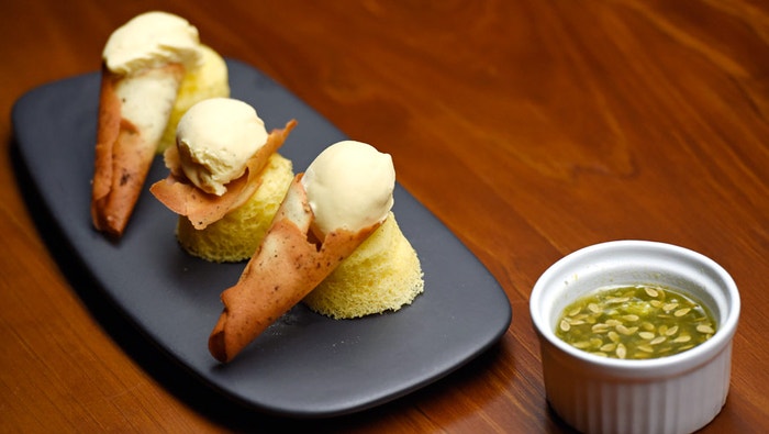 Blue Cheese Ice Cream on Morel Cone with Buddha’s Fingers Sponge and Horn Melon Syrup