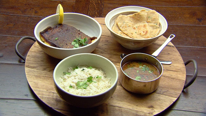 Kingfish with Shellfish Lemon Broth, Rice and Chapatti