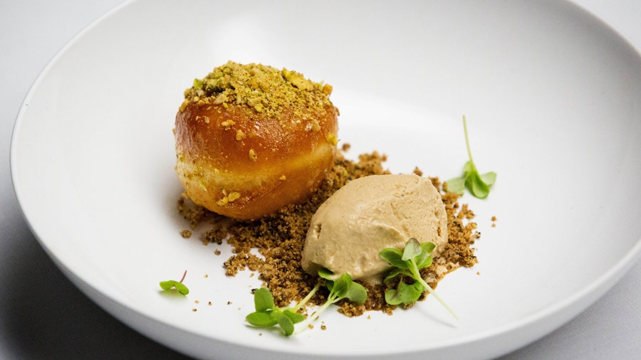 Brioche Doughnuts with Orange Curd, Coffee Crumb and Latte Ice Cream