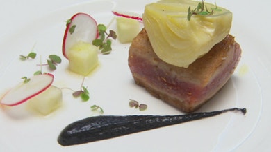 Seared Tuna with Cauliflower and Squid Ink Puree Apple and Radish Salad